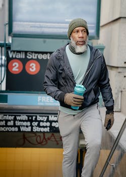 Thoughtful bearded African American male in activewear and with fitness bottle going upstairs from subway station