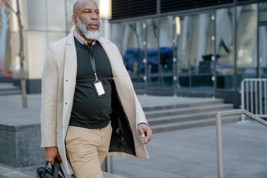 Confident businessman walking outdoors with a briefcase in a modern urban setting.