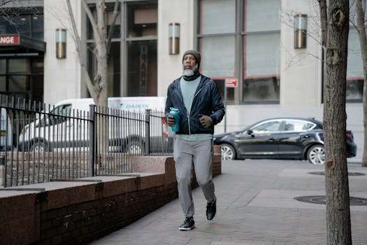 Senior man jogging outdoors with a tumbler, wearing a beanie and blue jacket.