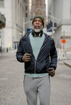 A mature man jogging in an urban setting, dressed warmly for winter exercise.