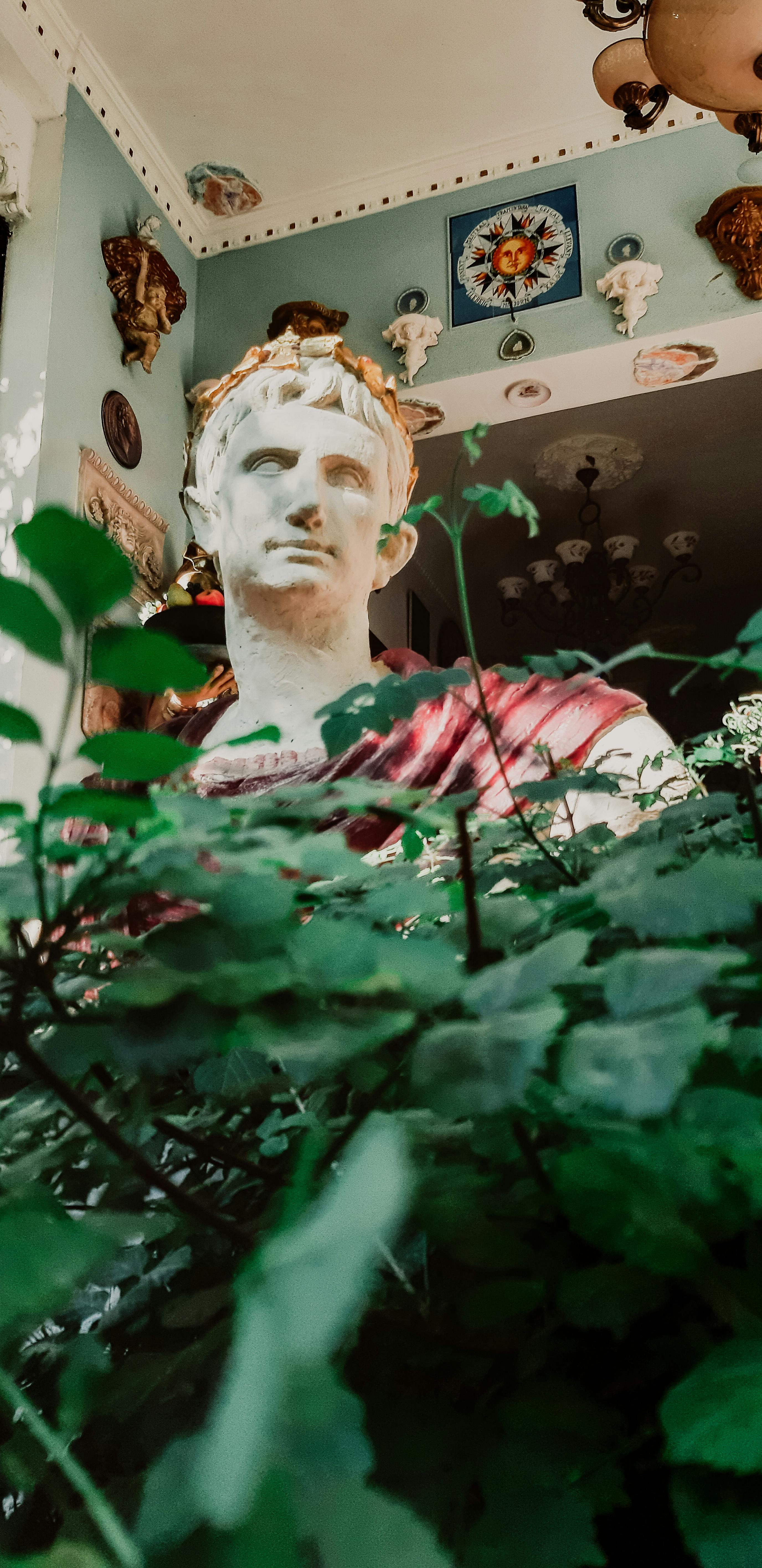 Ancient Roman statue surrounded by lush greenery indoors in Muğla, Türkiye.