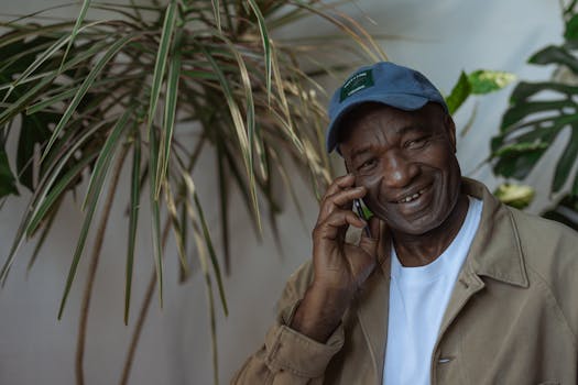 Senior man joyfully talking on a smartphone, surrounded by indoor plants.