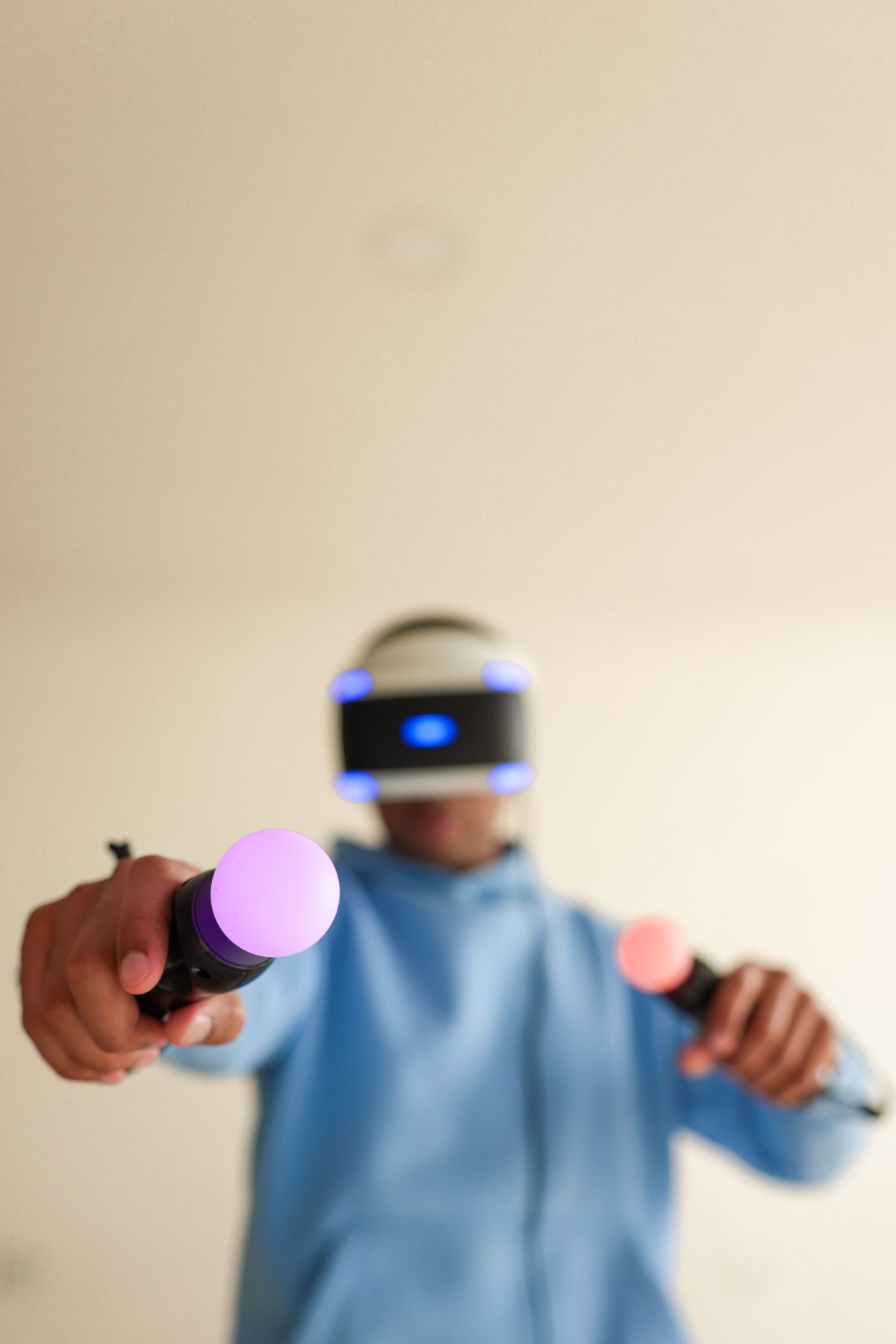 VR gameplay scene with headset-based interaction for an immersive reaction game.