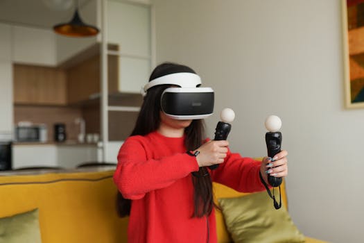 Young woman fully immersed in a virtual reality gaming session at home, wearing VR headset with controllers.