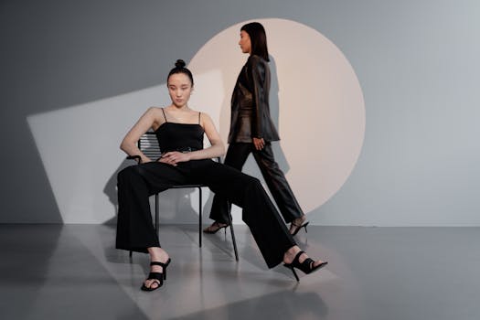Stylish models posing in a modern studio setting with dramatic lighting and sleek fashion.