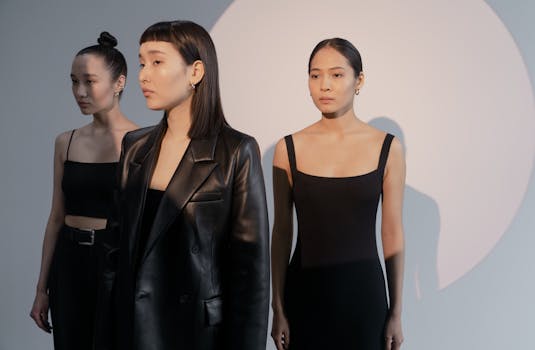 Three stylish women posing in a black-themed indoor fashion shoot.