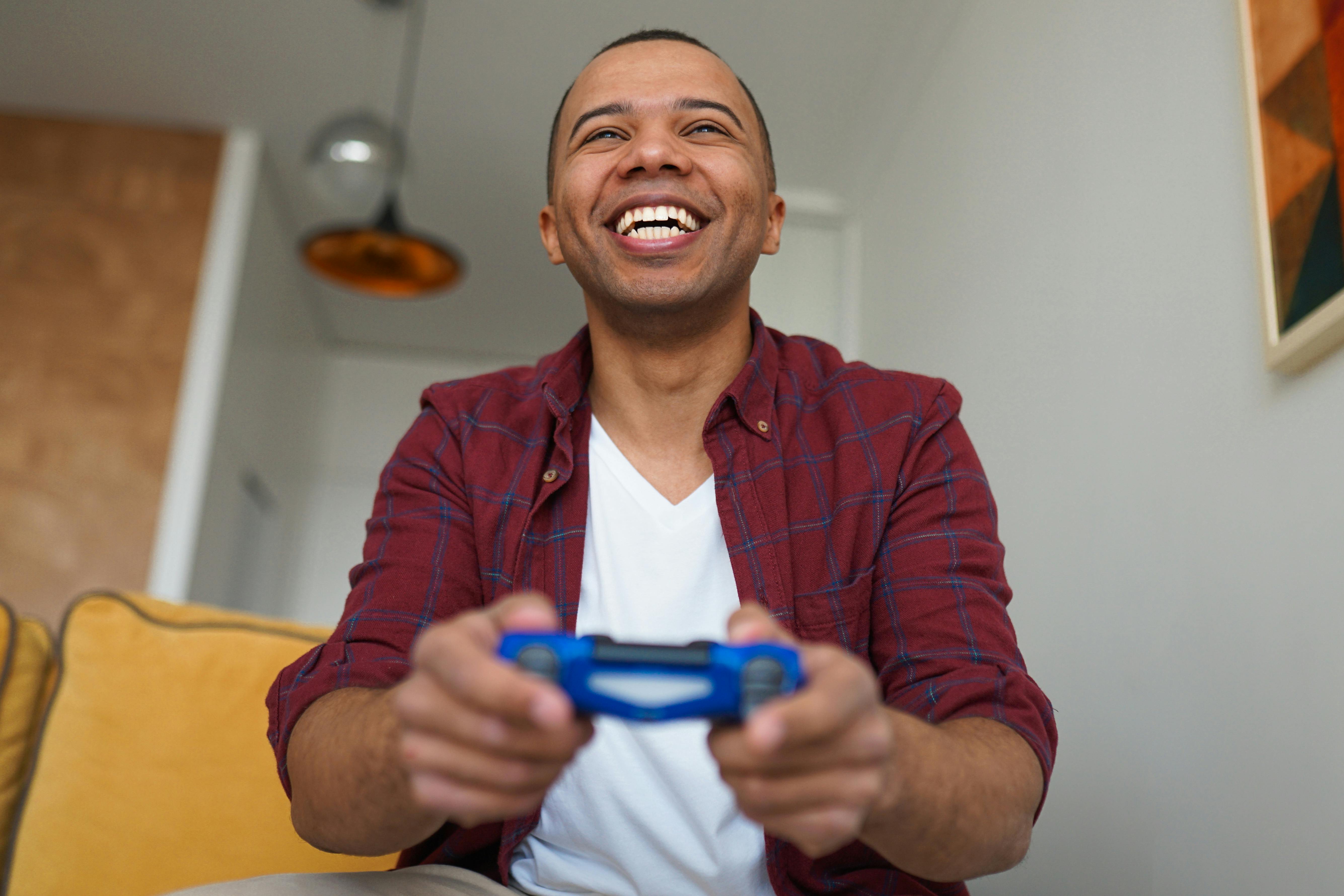 Man plays game seriously. stock image. Image of chat - 86505147