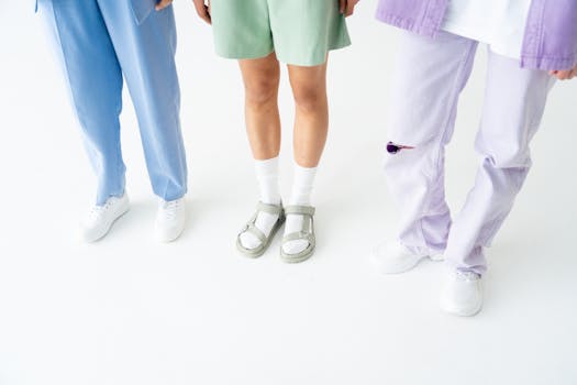 Three people wearing colorful pants and different footwear on a white floor.