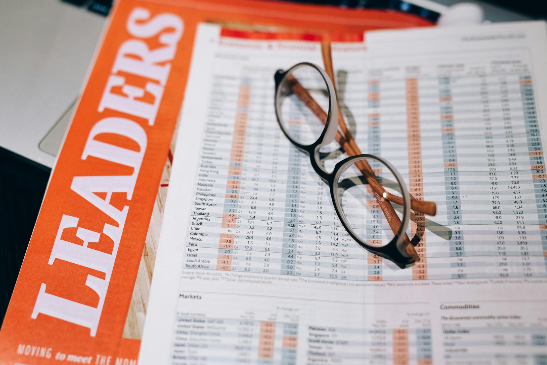 Close-up of financial documents with eyeglasses, depicting data analysis and business insights.