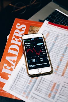 Smartphone displaying BTC chart on financial papers and laptop.
