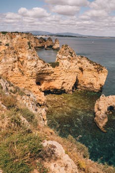 Explore scenic cliffs and pristine waters of the Algarve coast in Faro District, Portugal.
