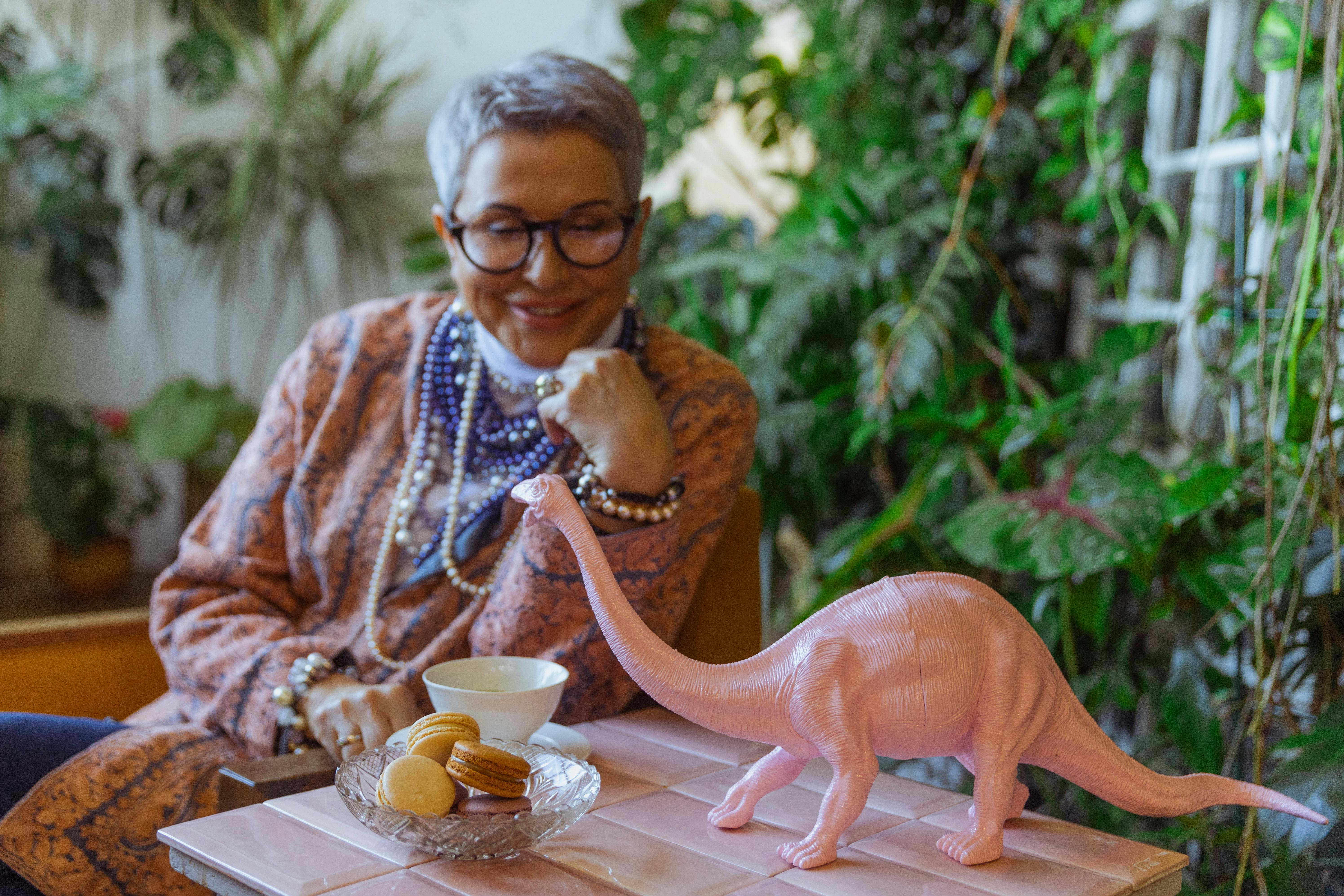 photo of eldelry woman looking at a dinosour miniature