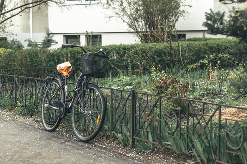 Free A classic bicycle with a basket parked beside a garden fence on a summer day. Stock Photo