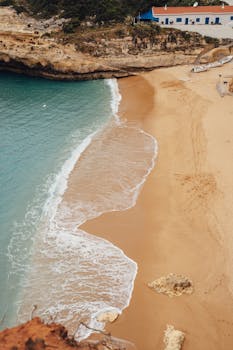 Stunning aerial view of a sandy beach and turquoise waves in Faro District, Portugal.