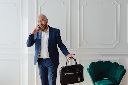 A bald, bearded man in a blue suit talking on a smartphone, holding a briefcase.