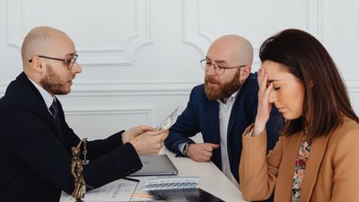 Dos abogados atienden a una mujer que se lleva la mano a la frente, en un despacho, sobre desheredamiento Chile