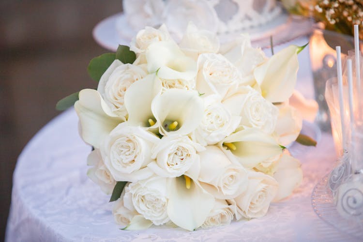 Close Up Of A Wedding Bouquet On A Table