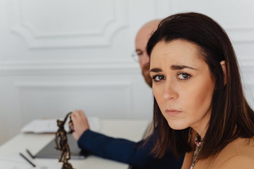 Close-up of a worried Caucasian woman sitting in an office environment, looking at the camera.