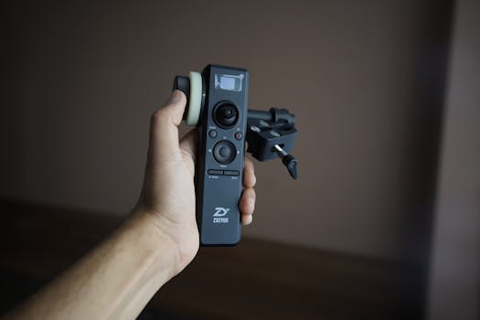 A close-up view of a hand holding a Zhiyun camera gimbal controller in an indoor setting.