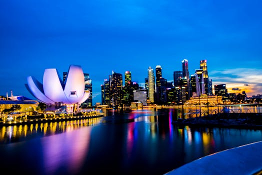 滨海湾的夜色映照着新加坡标志性天际线的活力