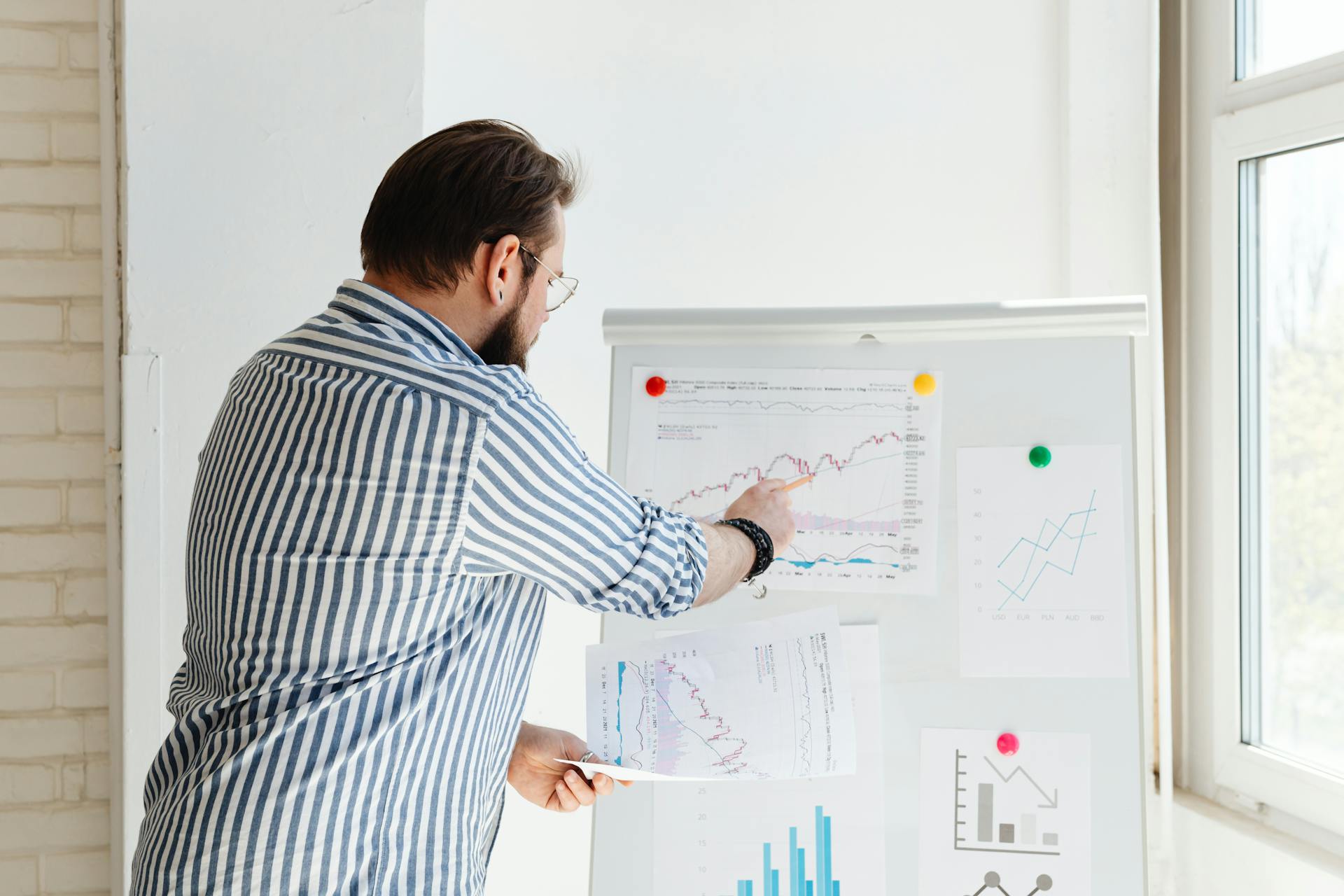 Man Holding a Pencil Pointing it on the Hanging  Paper Chart