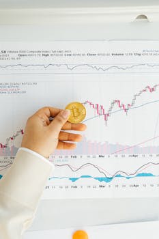 Close-up of a hand holding a Bitcoin coin in front of a stock market chart, symbolizing cryptocurrency trading.