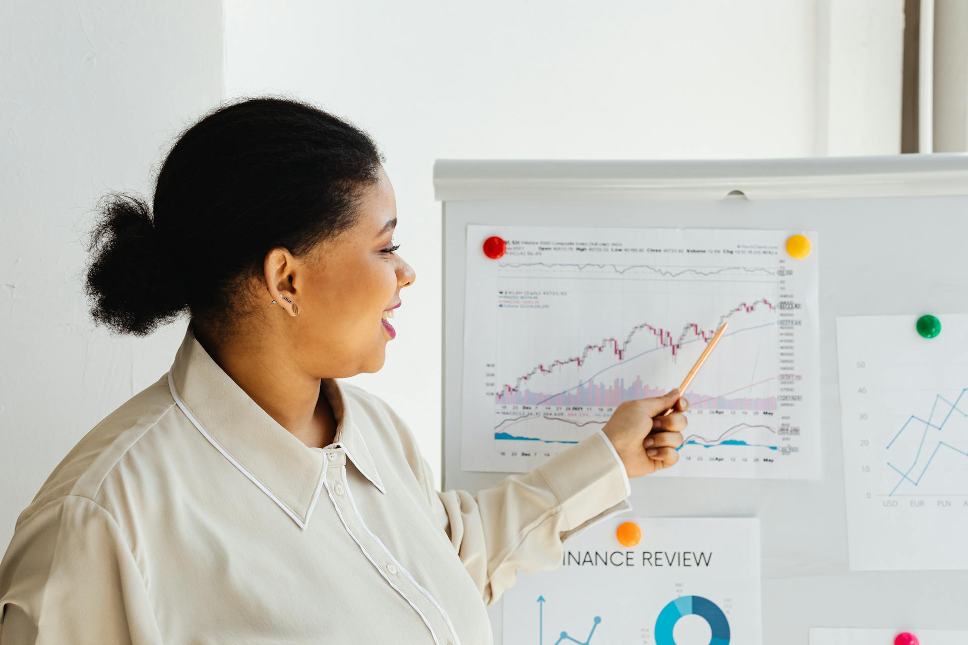 A woman points at a stock market chart on a whiteboard, explaining financial trends.