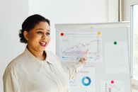 A Woman Pointing a Graph Posted on a White  Board