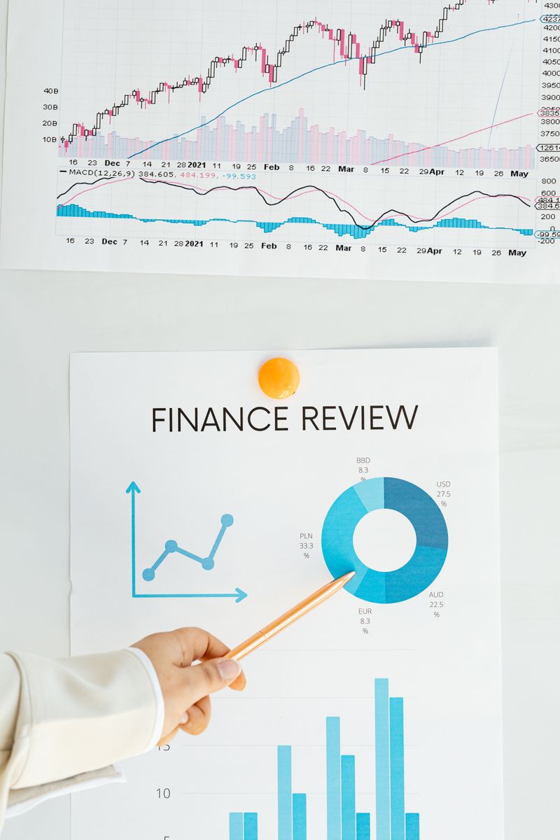 Close-up of financial analysis charts and graphs with a person pointing at data with a pencil