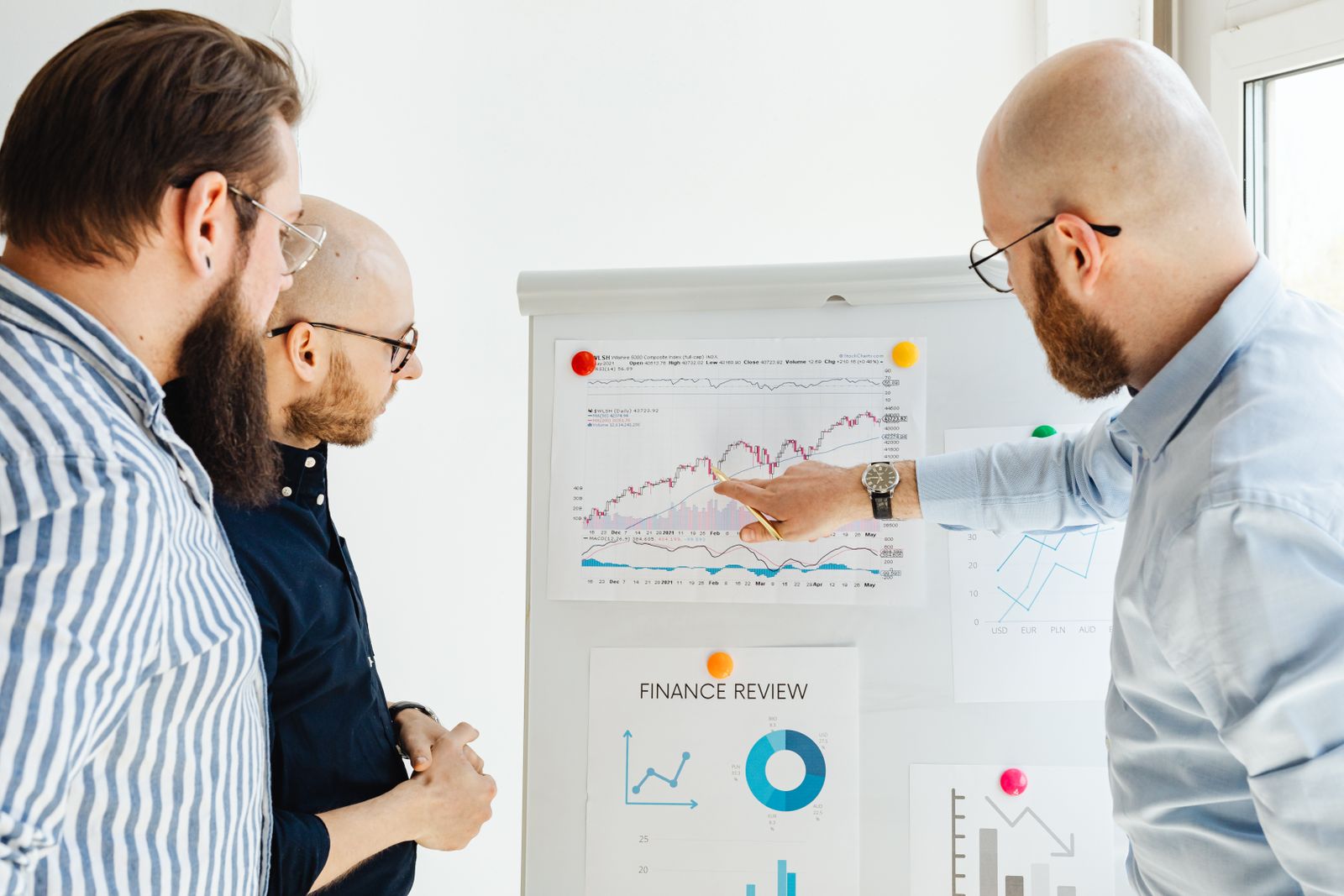 Executives reviewing financial data and SEO performance reports