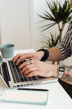 Close-up of tattooed hands typing on a laptop in a bright office with plants.