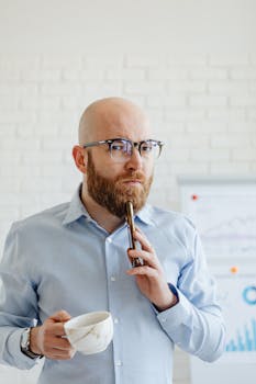 Thoughtful man in glasses holding phone and cup, analytics charts in background.