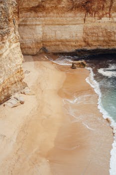 Beautiful aerial view of Algarve beach with sandy shoreline and cliffs in Portugal.