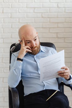Businessman in smart casual attire, sitting indoors, thoughtfully reviewing documents.