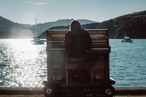 Back View of a Person Playing Grand Piano in Front of the Sea and Mountains