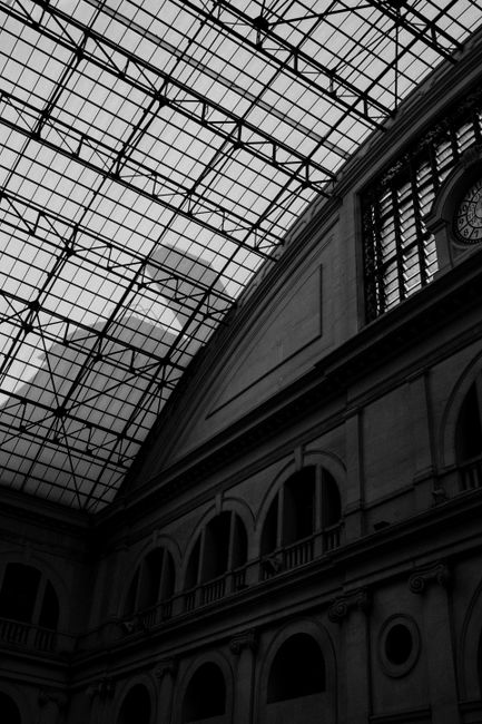 Black-and-white photo showcasing elegant architecture with a glass ceiling and arches.