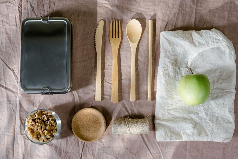 reusable cutlery set in a small pouch inside a lunch bag