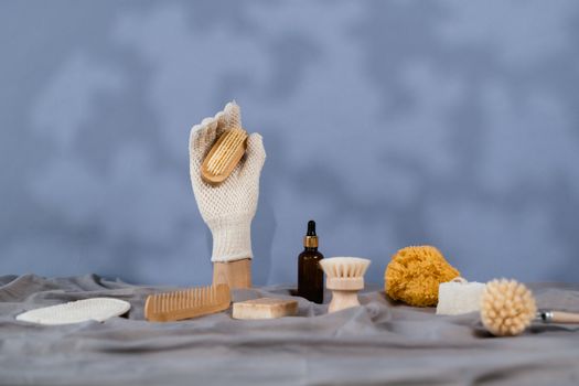 A collection of eco-friendly grooming tools with natural materials, perfect for sustainable living.