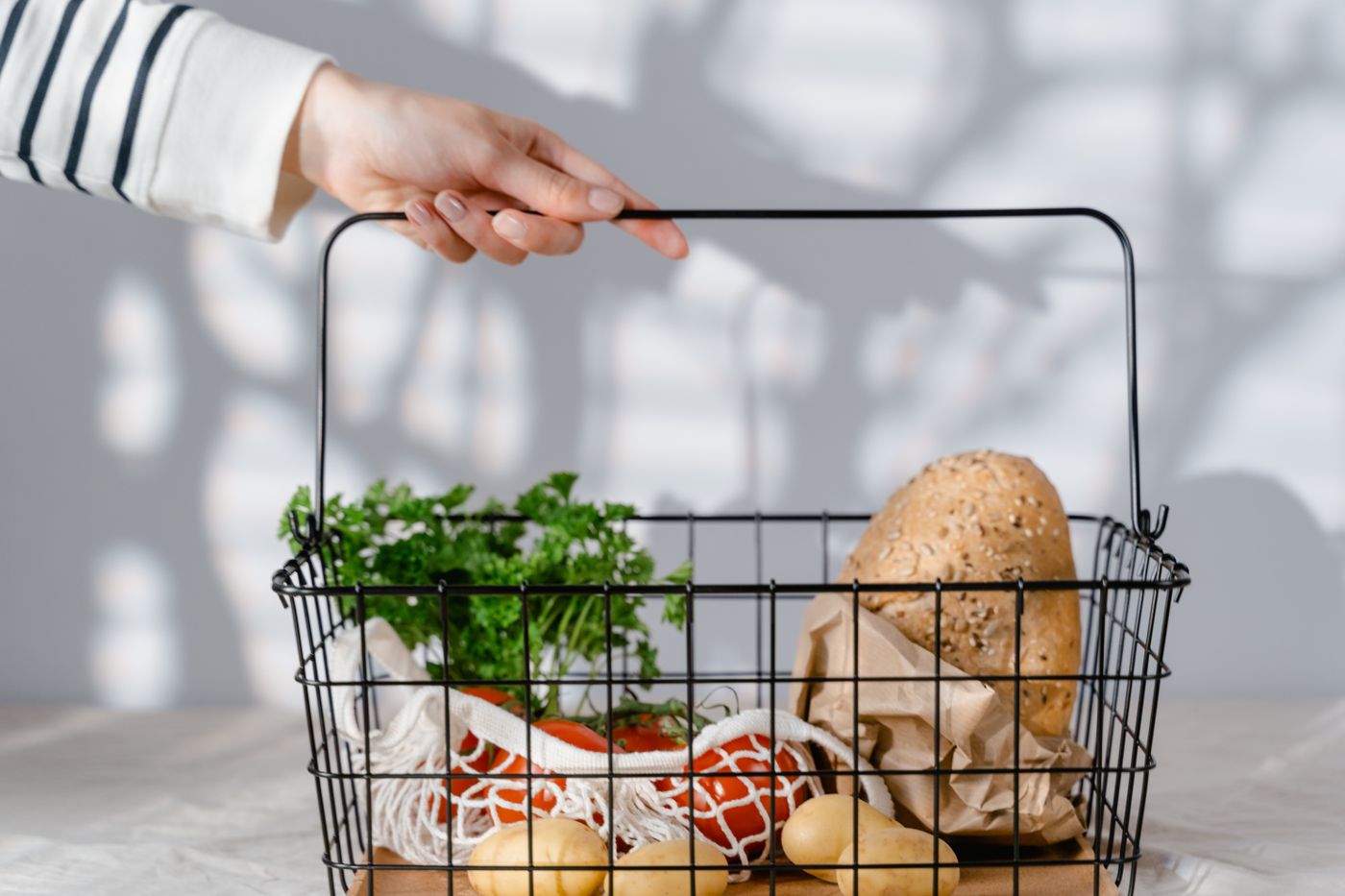 Grocery items in a shopping basket