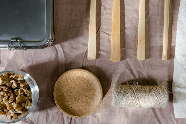 Wooden Plate, Thread, Nuts And Items