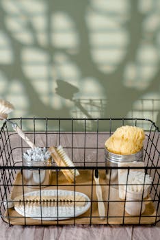 Eco-friendly bathroom essentials in a metal basket for a zero waste lifestyle.