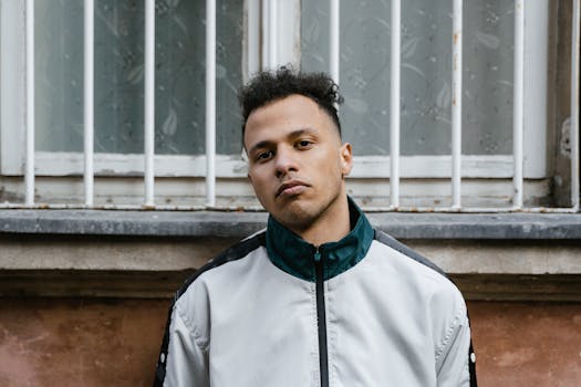 Casual portrait of a confident man in a white jacket against an urban backdrop.