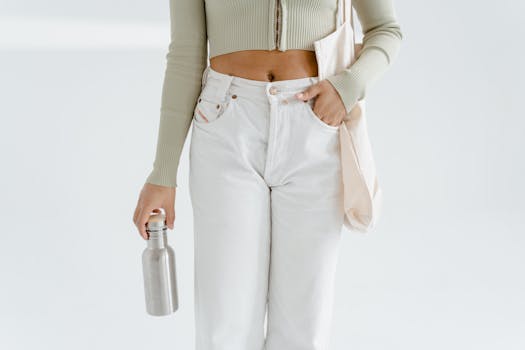 Stylish woman in muted tones holding a stainless steel bottle and tote bag.