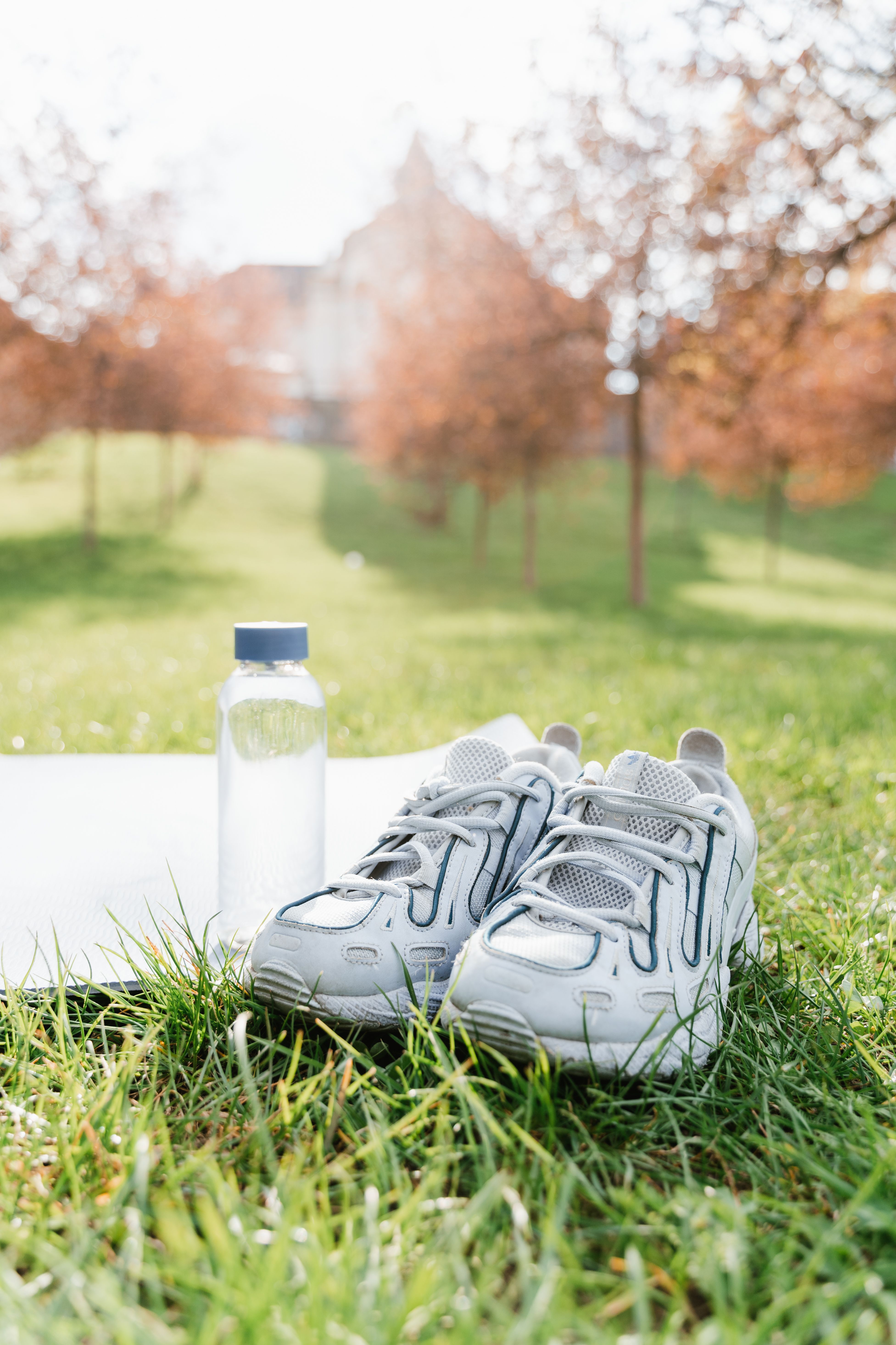 Pair of running shoes and water bottle on grass in a sunny park.