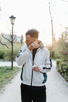 Man in white jacket adjusting earphones in a serene park setting at sunset.
