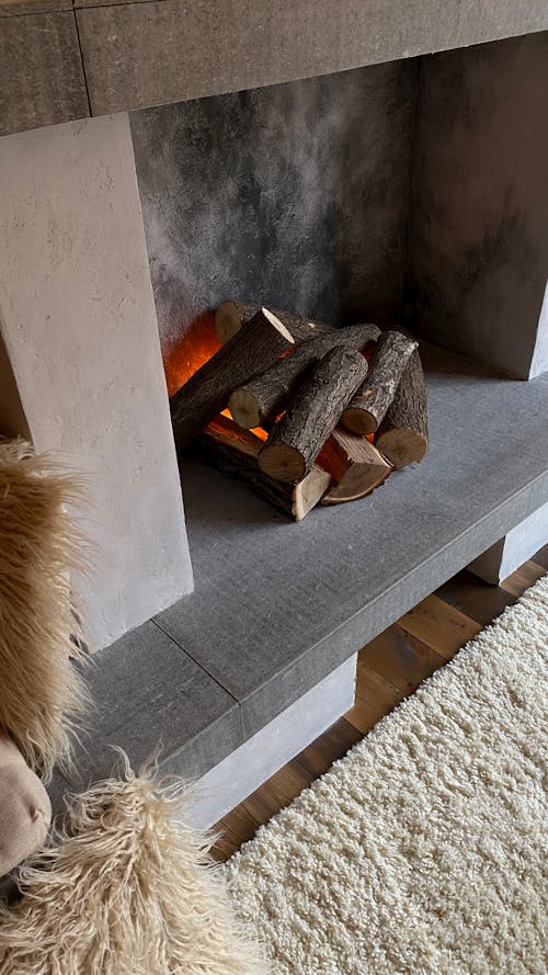 Free From above of soft carpet placed near fireplace with burning woods in cozy room Stock Photo