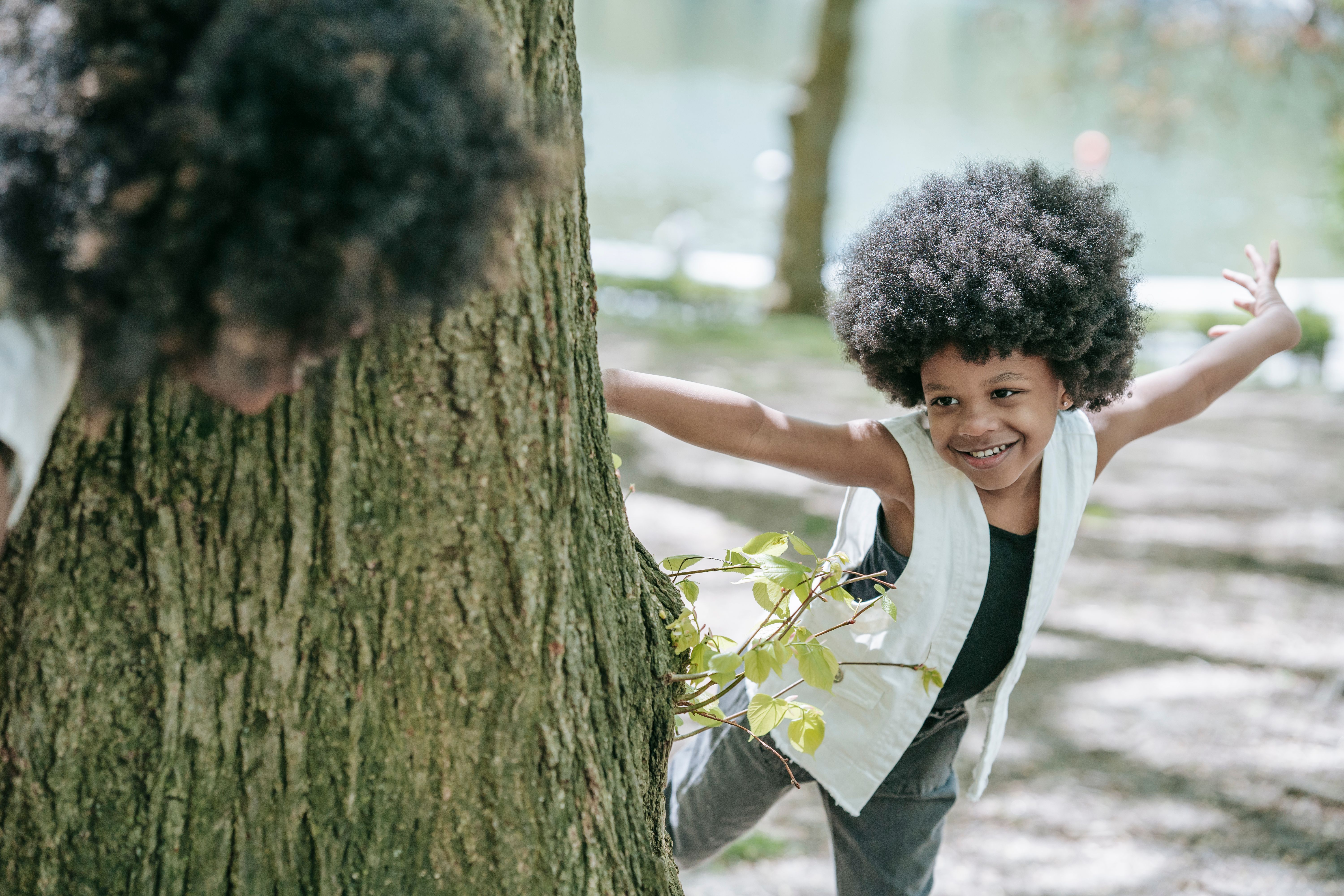 An African American girl playing hide and seek around a tree trunk in a sunny park.
