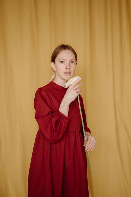 Free Portrait of a woman in red dress holding a white flower against a yellow background. Stock Photo