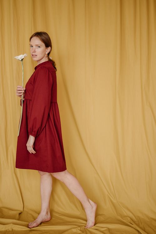 Free Caucasian woman in red dress holding a flower against a yellow backdrop in a studio. Stock Photo