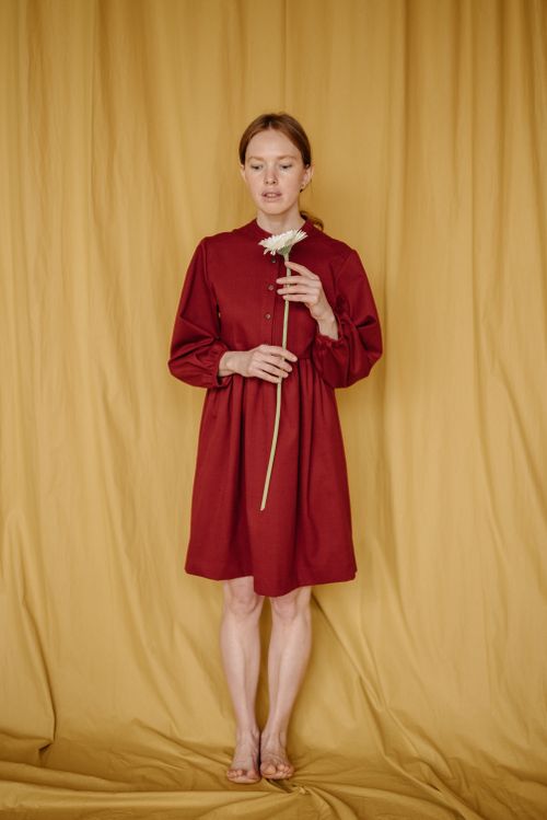 Free Studio portrait of a woman in a red dress holding a white flower against a yellow background. Stock Photo